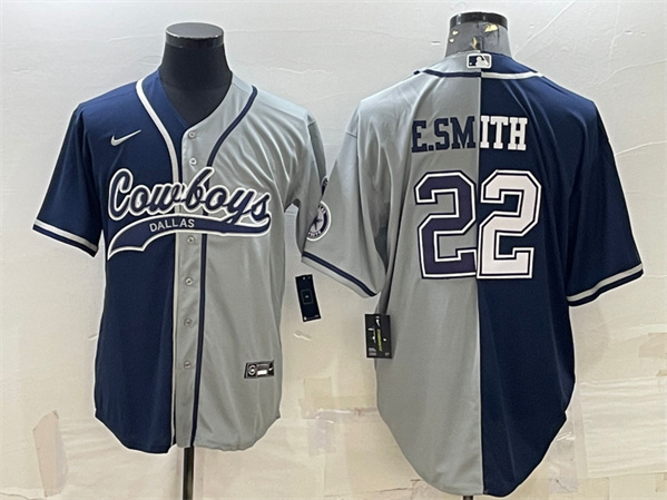 Men's Dallas Cowboys #22 Emmitt Smith Navy/Gray Split With Patch Cool Base Stitched Baseball Jersey